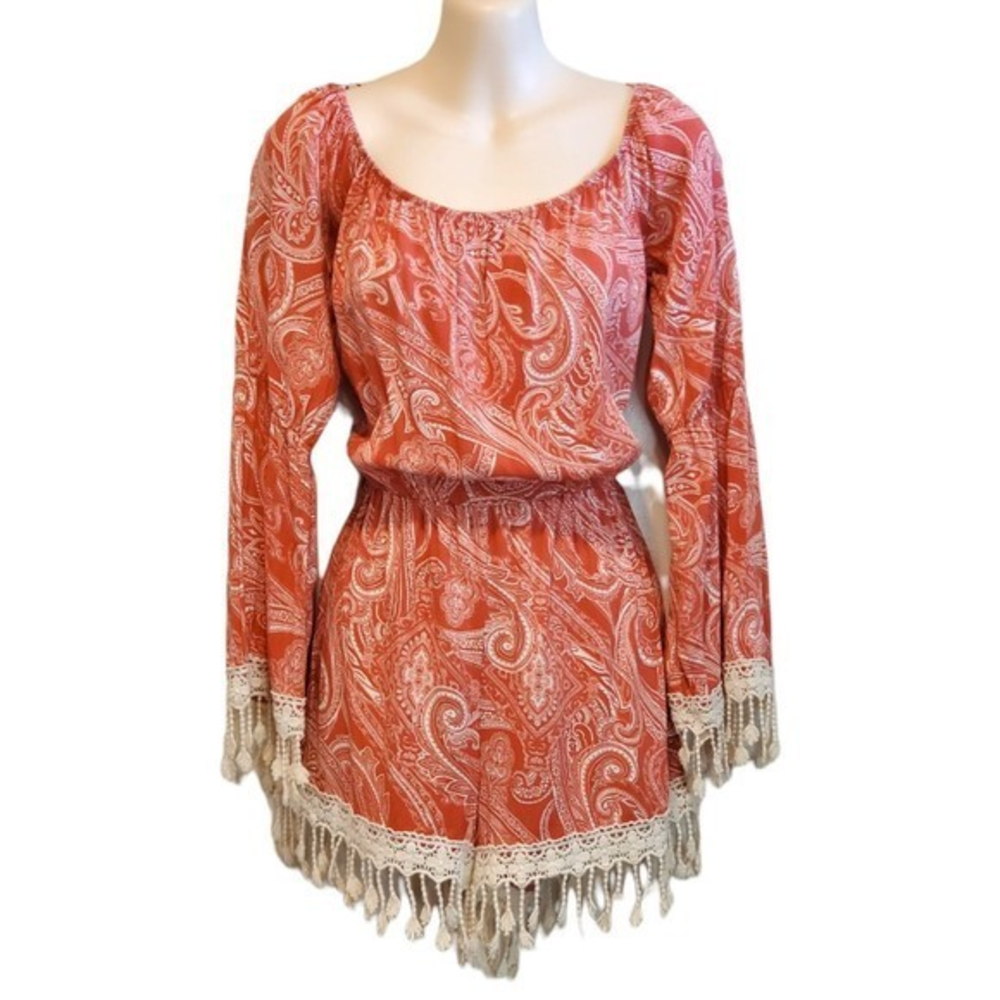 See You Monday Women's Coral Romper Sz Med Fringe Boho Bell Sleeves‎